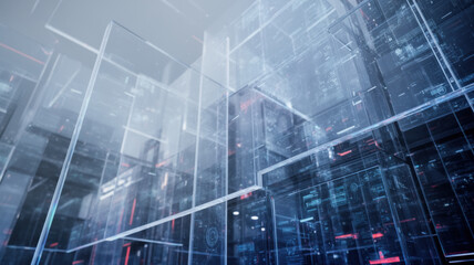 Futuristic technology background layered transparent digital cube structure data network abstract cityscape immersive