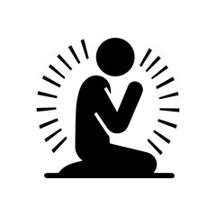 Prayer icon, a man praying on his knees, surrounded by rays. Isolated vector pictogram of a human silhouette.