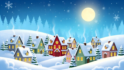 A colorful winter village scene with houses and trees under a full moon