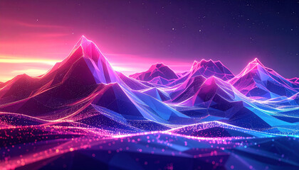 Neon mountain landscape, glowing polygon terrain, futuristic abstract valley, pink blue gradient sky, digital wave art, virtual horizon fantasy scene