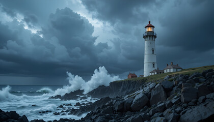 A dramatic lighthouse standing on rocky coastline under a stormy cloudy sky with crashing waves