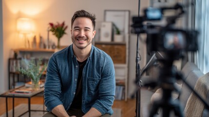 Fototapeta premium A man is sitting on a sofa and smiling directly at a camera. The living room has a warm atmosphere with plants and soft lighting showing a relaxed environment in the daytime.
