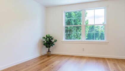 Fototapeta premium Empty room with white walls, wooden floor, and a large window Keywords: room, interior, empty, white, walls, wooden, floor