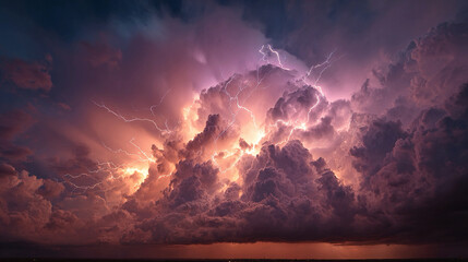 Powerful weather scene capturing towering thundercloud columns, branching lightning arcs, turbulent sky textures, high-contrast atmospheric motion, and dramatic storm intensity