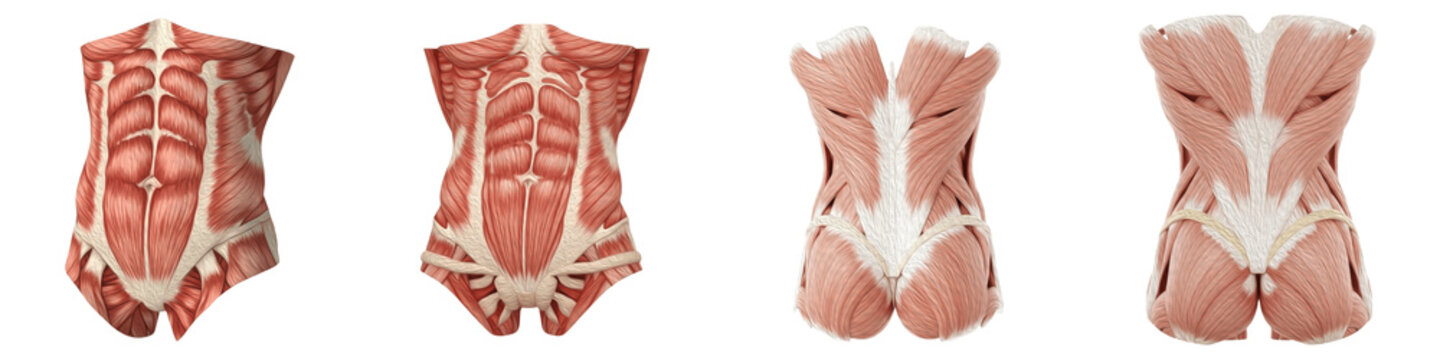 Collection Core and Torso Musculature Set Human Abdominal Chest Back Muscle Structure Reference Isolated on Transparent PNG Background, Oil Paint