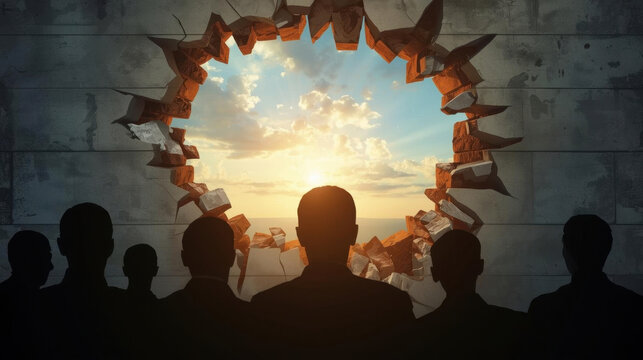 Silhouette group man woman broken wall freedom concept hopeful sunrise sky light breakthrough human rights