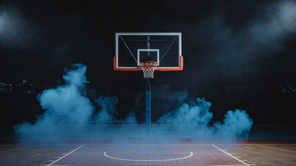 Outdoor basketball hoop at night surrounded by cinematic blue smoke and atmospheric fog