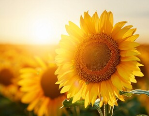 bright yellow sunflower in field with sunlight backlighting