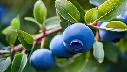 close up of blue berries growing on branch with green leaves