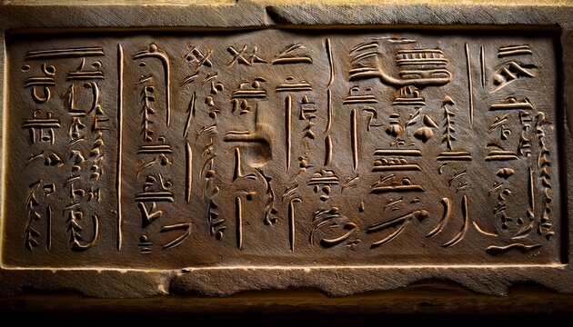close up of ancient cuneiform script carved into a stone tablet with detailed symbols visible