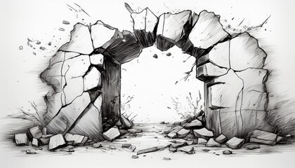 Fototapeta premium cracked wall sketch hand drawn hole with broken concrete texture m stock