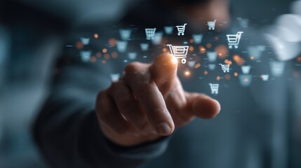 A person points at shopping cart icons that appear in the air. The scene takes place indoors showing technology and modern shopping trends in action.