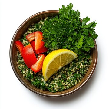Fresh tabbouleh salad bowl with chopped parsley lemon wedge tomato and buur on white background