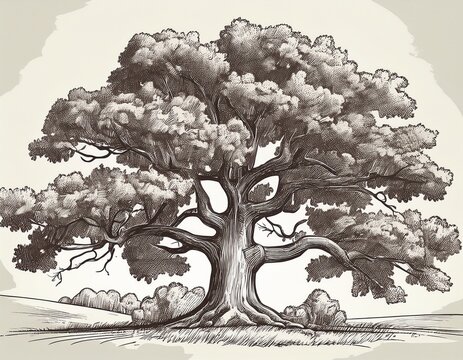 oak tree sketch hand drawn sprawling branches detailed foliage landscape m stock