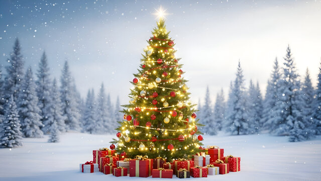 Beautifully decorated christmas tree surrounded by gifts in a snowy forest on a winter evening with snowflakes falling gently