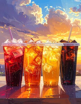 Four different colored fizzy drinks sit on a surface at sunset