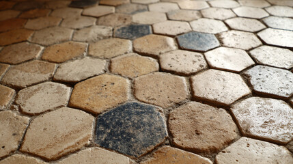 Obraz premium Hexagonal vintage beige tile flooring in a classic French old manor, showcasing elegant and timeless architectural details.