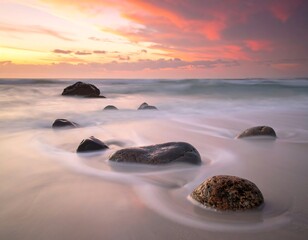 Gentle waves surround smooth rocks on a sandy beach at sunset