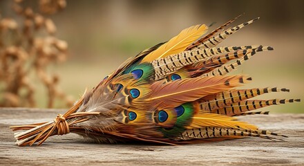 Rustic bouquet of colorful pheasant feathers tied with twine