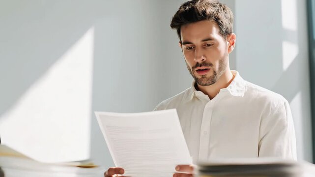 Man review papers, sitting at desk with large stacks of documents. Focused office work, business planning, financial analysis, paperwork overload