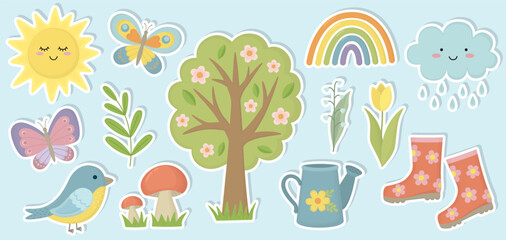 Set of cute stickers with sun, cloud, rubber boots, watering can, rainbow, tree, flowers, bird, butterflies, mushrooms. Collection of colorful spring elements