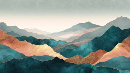 Minimal mountain landscape vector featuring watercolor brush textures and golden line art, designed as abstract wallpaper for prints, wall art, canvas, and decorative purposes.