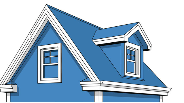Close-up architectural view of a blue house roof with white trim, featuring a dormer window and an attic window.