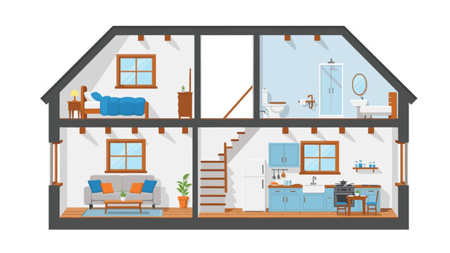 Detailed cutaway illustration of a two-story house, showcasing the interior layout of a bedroom, bathroom, living room, and kitchen.