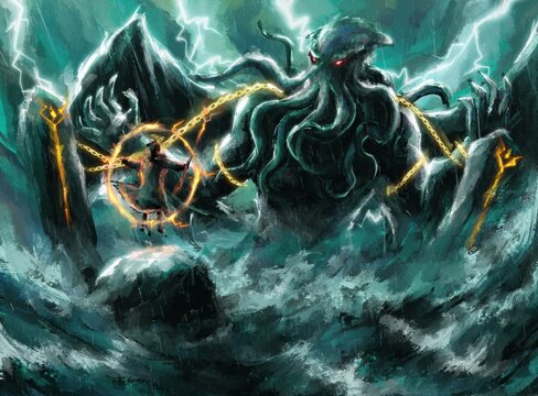 A sorcerer is weaving a spell of spectral chains to imprison a Cthulhu,Cosmic monster, sea monster,strom bad weather ,digital art, Illustration painting.