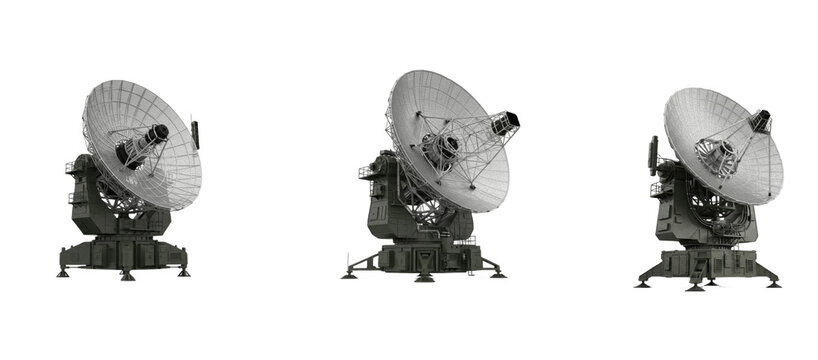 Military satellite communication radar dish isolated on transparent PNG background set