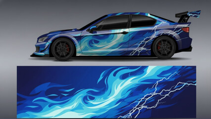 Dynamic blue sports car with a lightning and wave graphic wrap design, showcasing a vibrant automotive decal. © DB stock