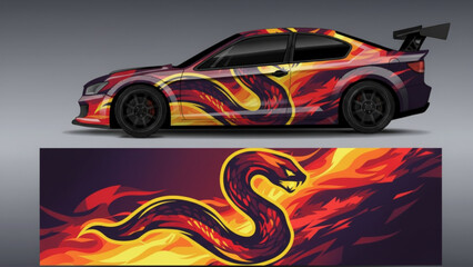Sports car with a fiery snake graphic wrap design, showcasing the full decal strip below.