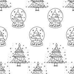 Doodle pattern of Christmas glass snow globes with christmas tree in black and white style