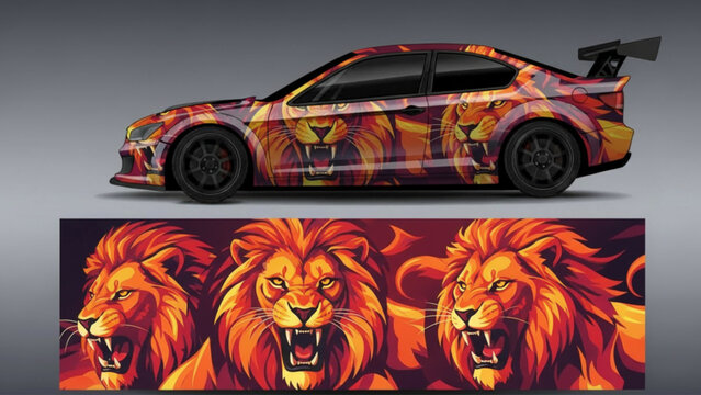 A custom car wrap design featuring multiple roaring lion heads in fiery colors.
