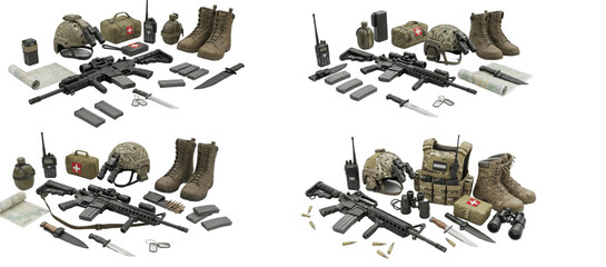 Military Tactical Gear Flat Lay with Boots, Helmet, Backpack and Equipment Isolated on White © jamil