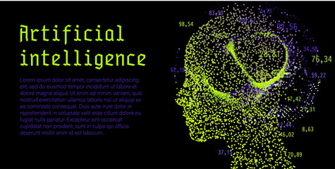 Human head profile silhouette formed by dense clusters of glowing neon particles and dots with scattered decimal numbers. Conceptual vector illustration for artificial intelligence, machine learning.
