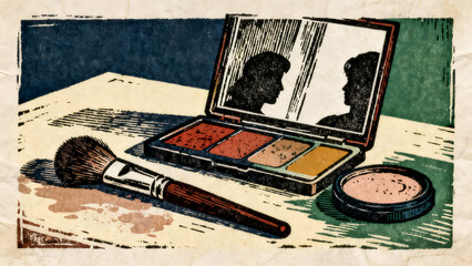 2D Charcoal Sketch of Professional Makeup Brushes, Powder Palette and Mirror on Table