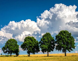 Fototapeta premium Four leafy trees line a golden field under a puffy cloud sky