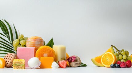 Assortment of fresh colorful fruits and desserts including strawberries oranges grapes and candies arranged on a white surface with a plain background