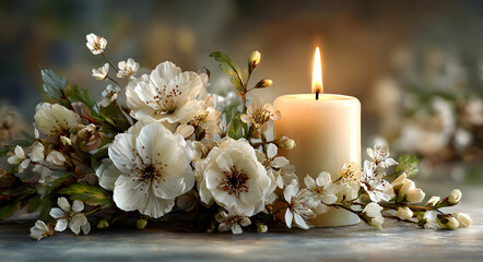 Funeral card template with burning candle and white flowers, condolence background with copy space for obituary text, memorial service announcement with floral arrangement.