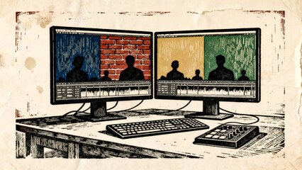 2D Charcoal Pencil Illustration of Professional Video Editing Workstation with Dual Monitors