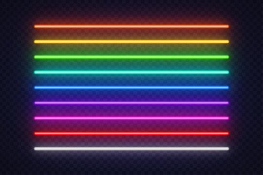 A colorful set of glowing neon lines placed in parallel rows on a transparent background. The vibrant palette adds energy and flexibility for creative design use.