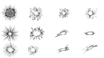 Set of Abstract Explosion and Burst Graphics, Isolated White Background © Clairo