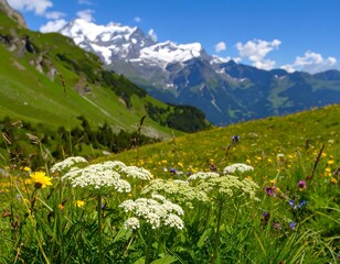 A vibrant meadow with wildflowers in the foreground and a snow-capped mountain range in the distance under a bright blue sky