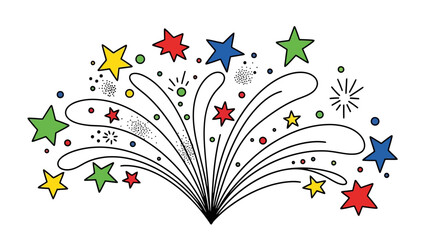 Vibrant and colorful cartoon fireworks explosion with stars celebrating a special event on an isolated white background. © Clairo