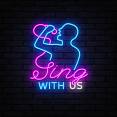 Silhouette of a singer with glowing mic and the phrase Sing With Us. Vibrant neon style for karaoke flyers or vocal events.