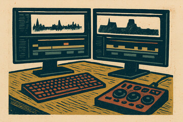 2D Charcoal Pencil Illustration of Professional Video Editing Workstation