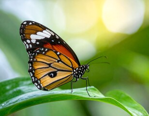 A vibrant monarch-like butterfly perches on a lush green leaf, wings open, showcasing intricate patterns against a soft bokeh background