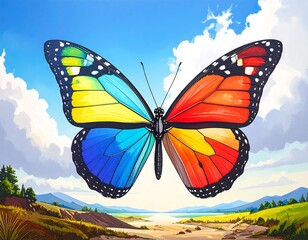 A vibrant monarch-like butterfly with colorful wings poised mid-air against a serene, sunny sky backdrop. Mountains & landscape below