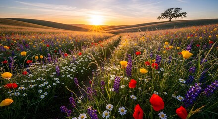 A vibrant field overflowing with colorful wildflowers, including red poppies, yellow blossoms, and purple lupines, basks in the brilliant golden light of the setting sun illuminating rolling hills.